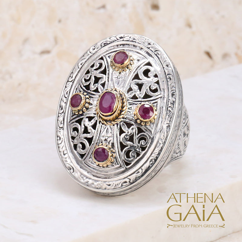Gerochristo Five Stone Ruby Cross Ring - 18k Gold & Sterling Silver - Cocktail Ring