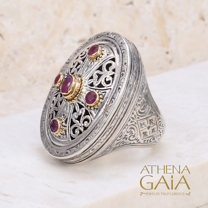 Gerochristo Five Stone Ruby Cross Ring - 18k Gold & Sterling Silver - Cocktail Ring