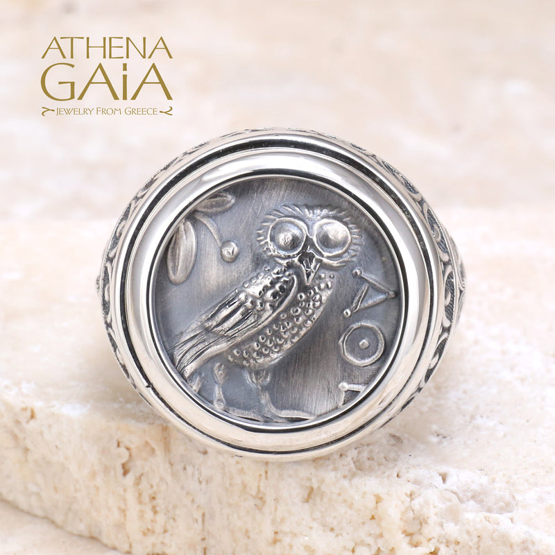 Athenian Owl Ring - Sterling Silver Ring - Signet Ring