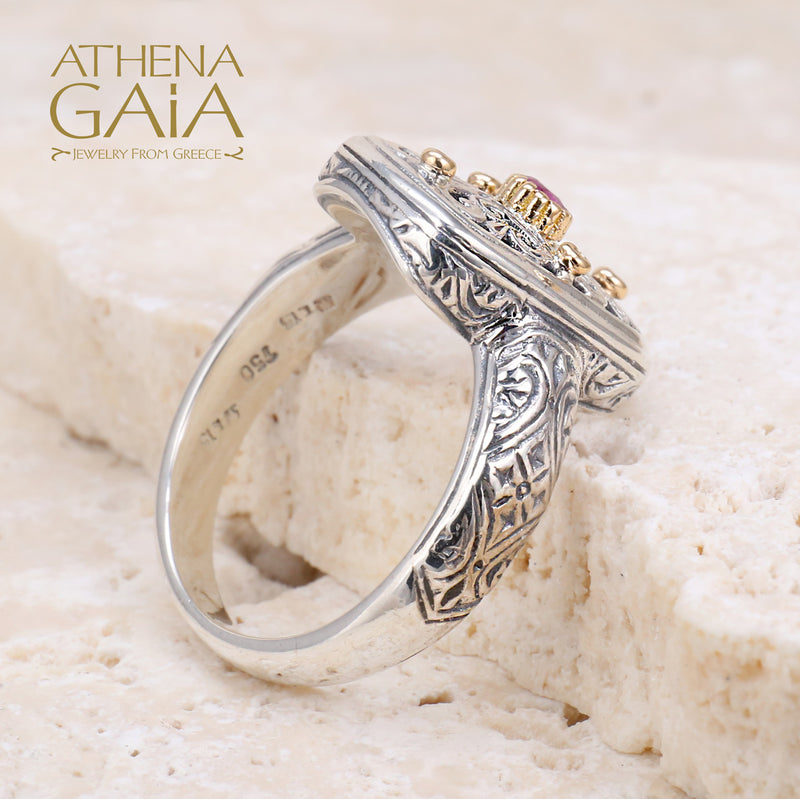 Mediterranean Sterling Tablet Ring - 18k Gold & Sterling Silver Ring - Cocktail Ring