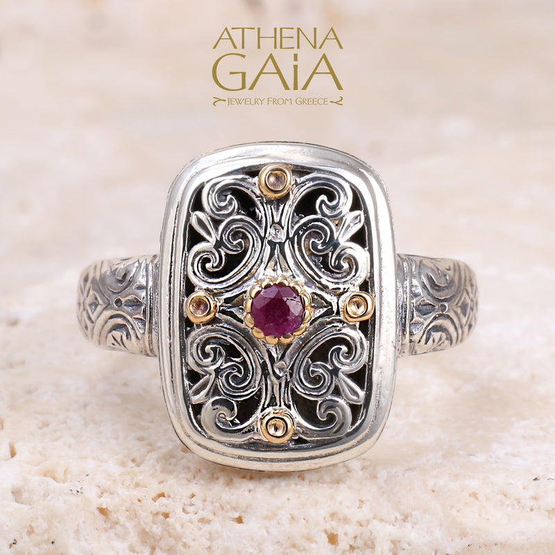 Mediterranean Sterling Tablet Ring - 18k Gold & Sterling Silver Ring - Cocktail Ring