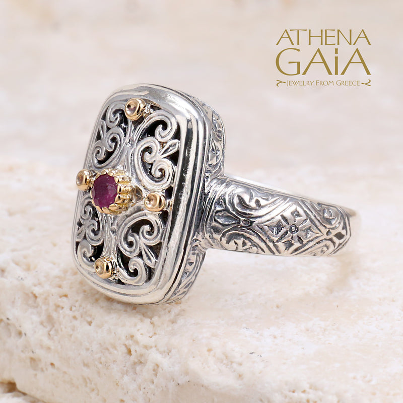 Mediterranean Sterling Tablet Ring - 18k Gold & Sterling Silver Ring - Cocktail Ring