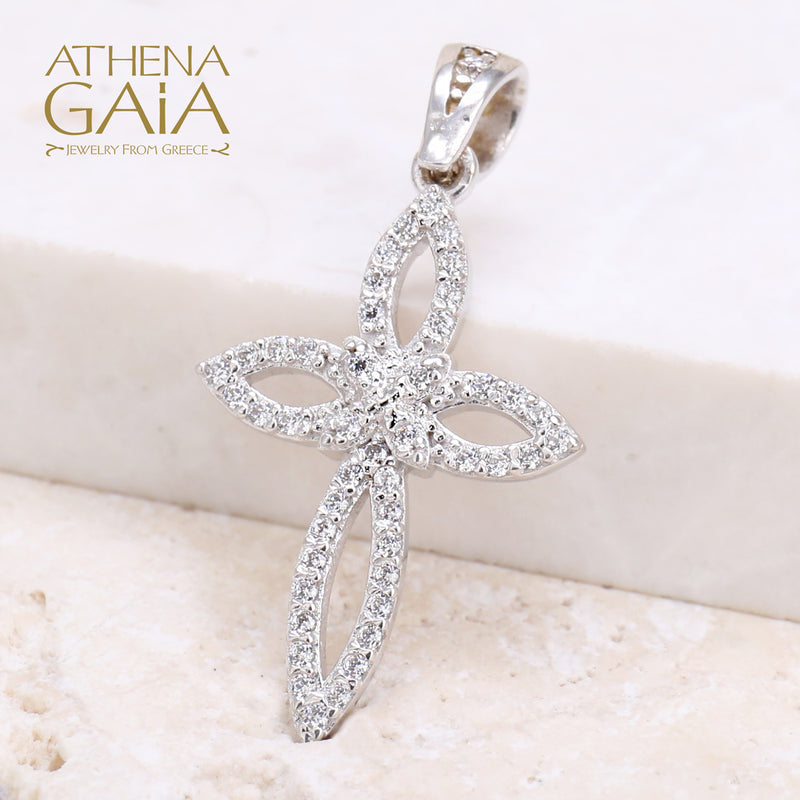 Pave Bow Cross - 14k Gold - Orthodox Baptismal Cross