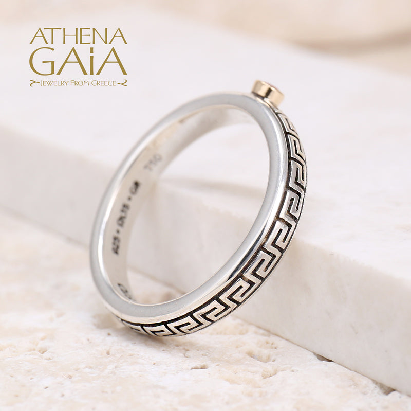 Meander with Gemstone Band Ring - 18k Gold & Sterling Silver Ring - Stackable Ring