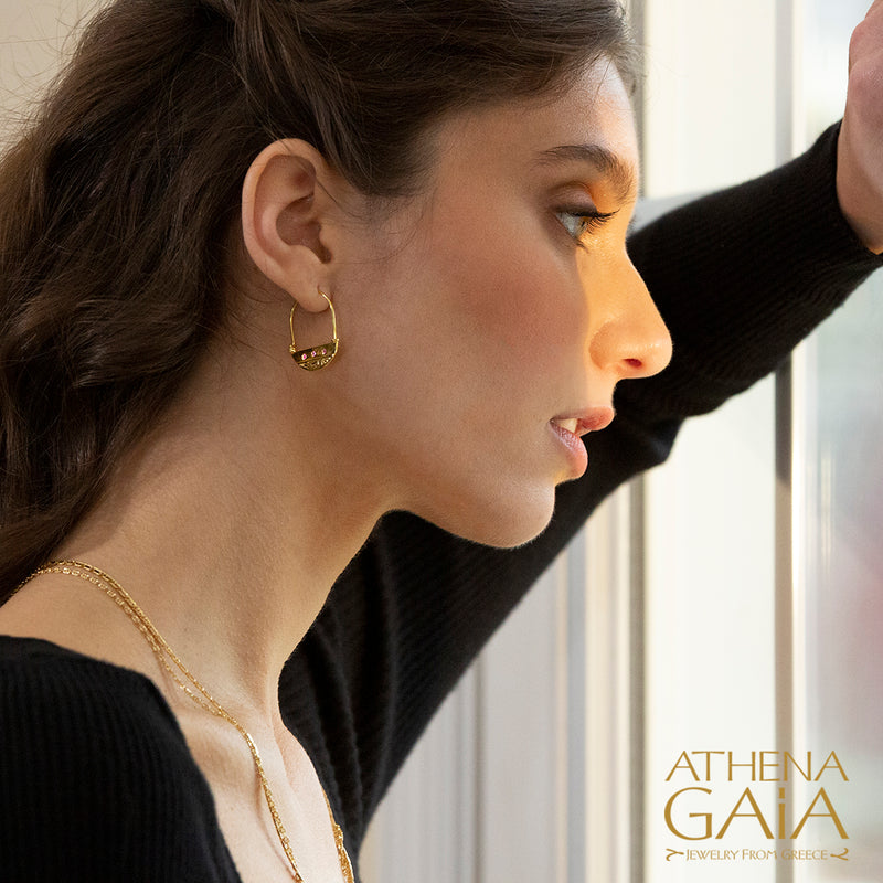 Half Moon Earrings with Gemstones - 18k Gold - Hoop Earrings