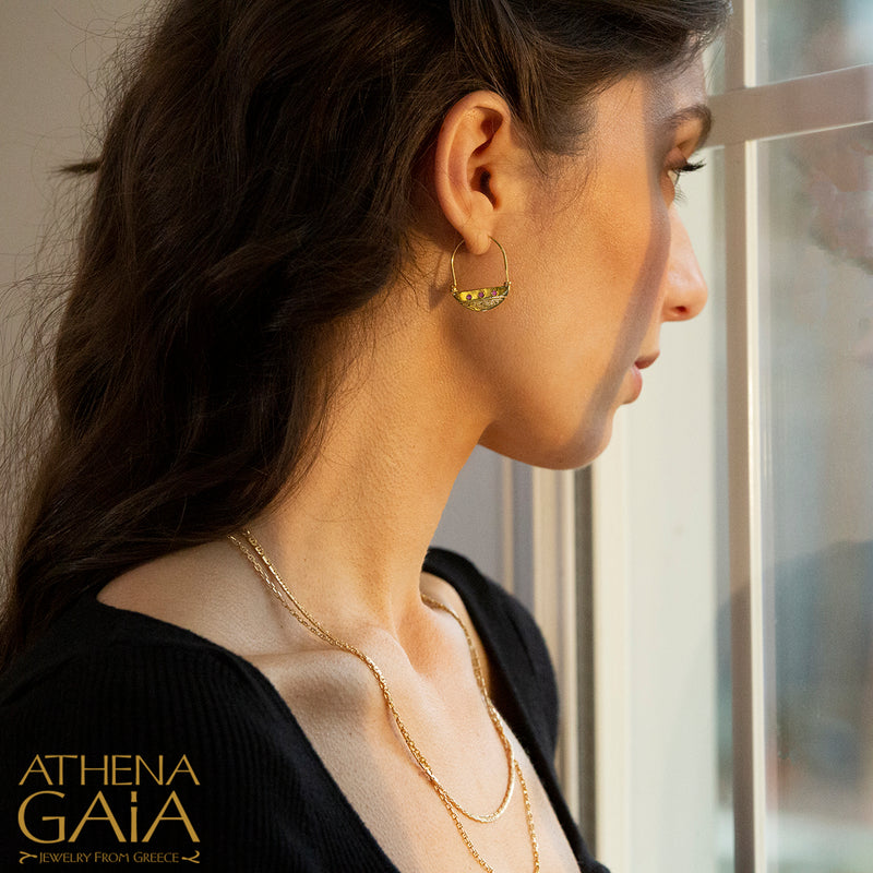 Half Moon Earrings with Gemstones - 18k Gold - Hoop Earrings