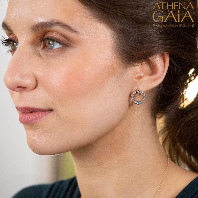 Single Oval Stone Small Stud Cycle Earrings - 18k Gold & Sterling Silver Earrings