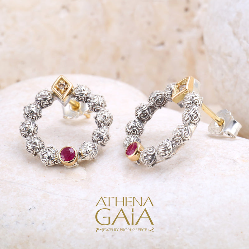 Single Round Stone Stud Cycle Small Earrings - 18k Gold & Sterling Silver Earrings