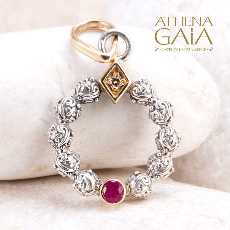 Single Round Stone Stud Cycle Pendant (Large) - 18k Gold & Sterling Silver Pendant