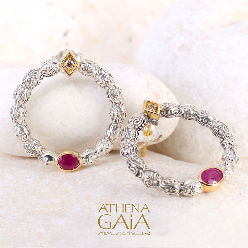 Single Oval Stone Medium Stud Cycle Earrings - 18k Gold & Sterling Silver Earrings