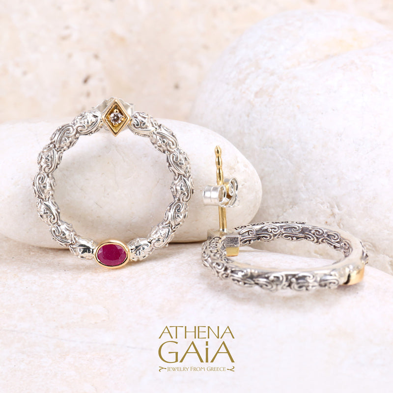 Single Oval Stone Medium Stud Cycle Earrings - 18k Gold & Sterling Silver Earrings