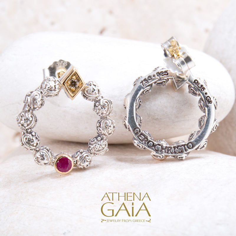 Single Round Stone Stud Cycle Small Earrings - 18k Gold & Sterling Silver Earrings