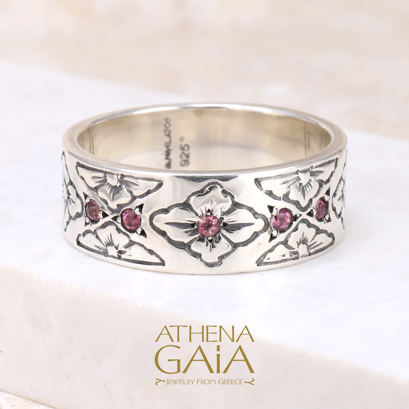 Flower Gemstone Ring - Sterling Silver Ring - Cigar Band Ring