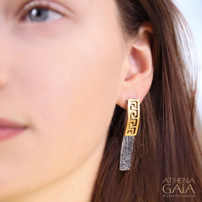 Greek Key Dual Panel Earrings - Gold Plated Sterling Silver Earrings