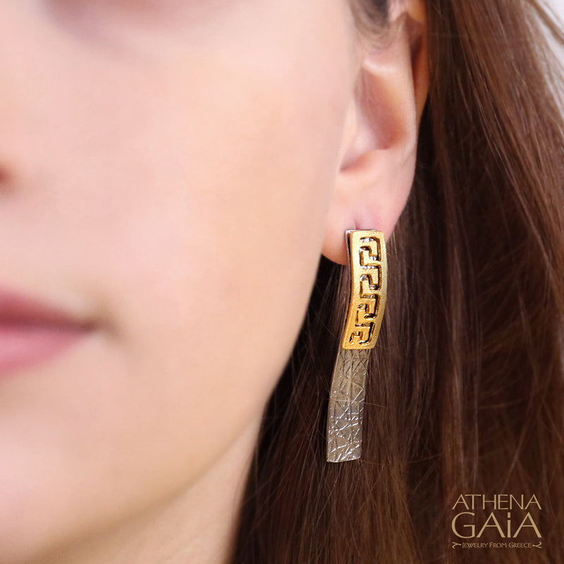 Greek Key Dual Panel Earrings - Gold Plated Sterling Silver Earrings