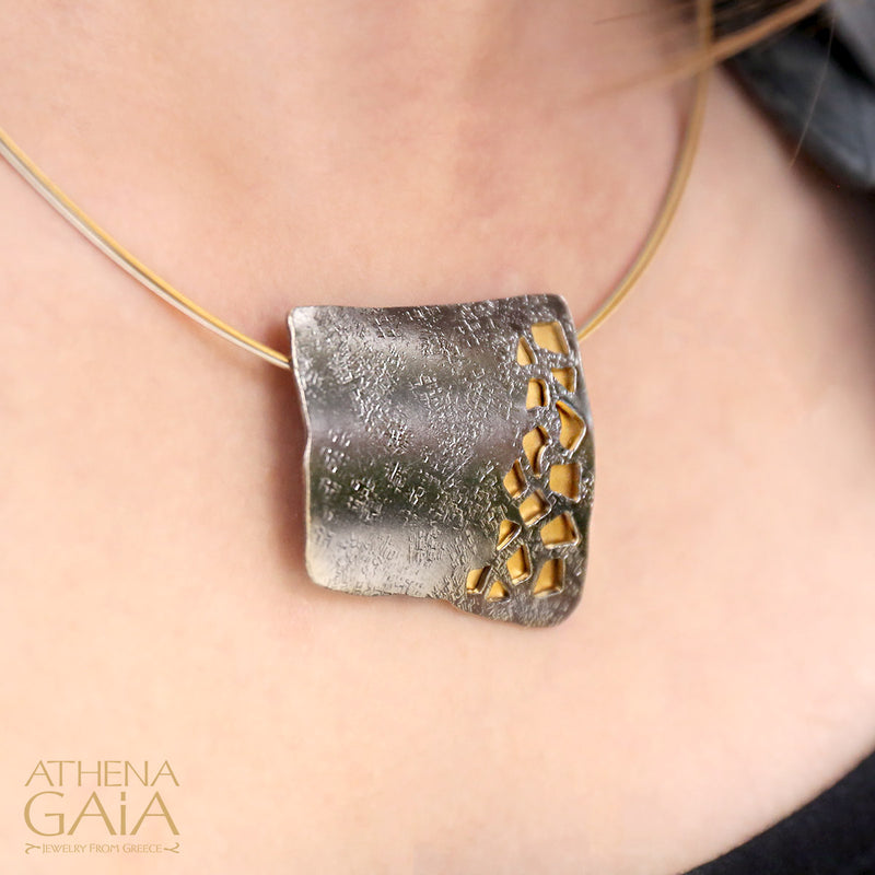 River Stones Square Necklace - Gold Plated Sterling Silver Necklace