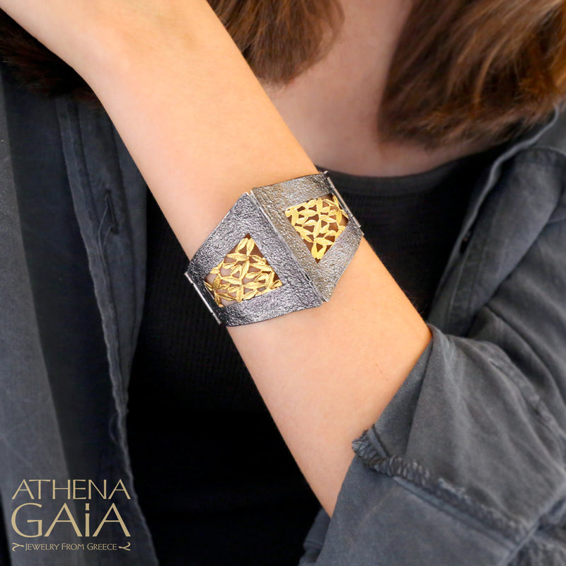 Olive Grove Edge Hinged Bracelet - Gold Plated Sterling Silver - Cuff Bracelet