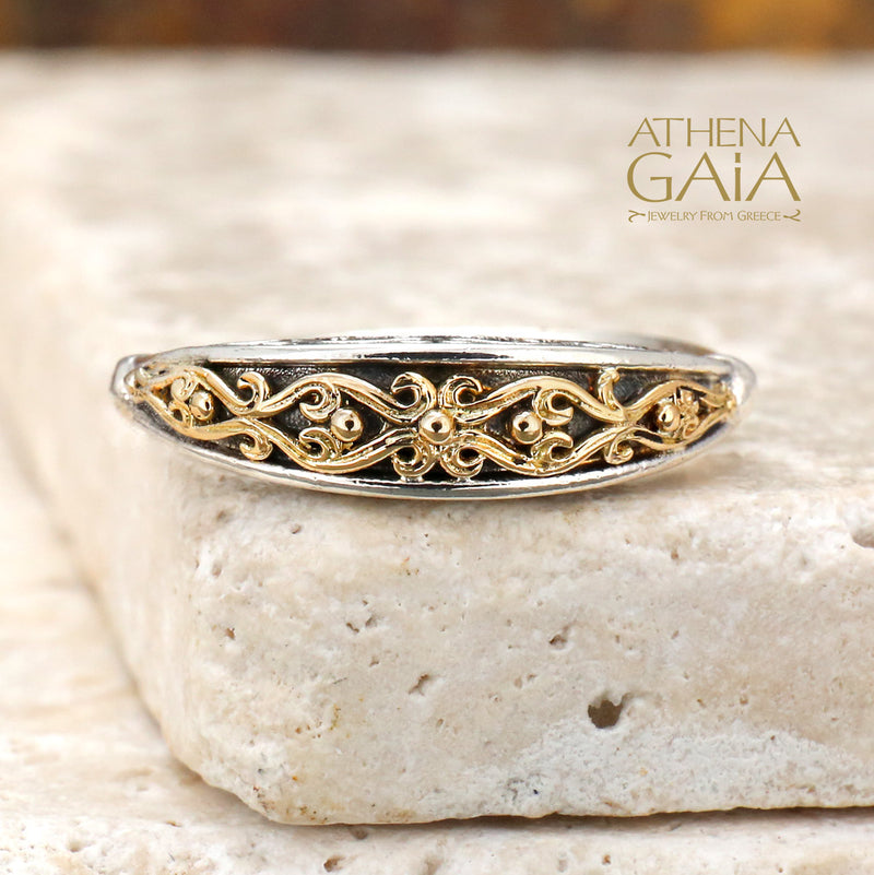 Aretousa Thin Gold Vine Ring - 18k Gold & Sterling Silver Ring - Stackable Ring