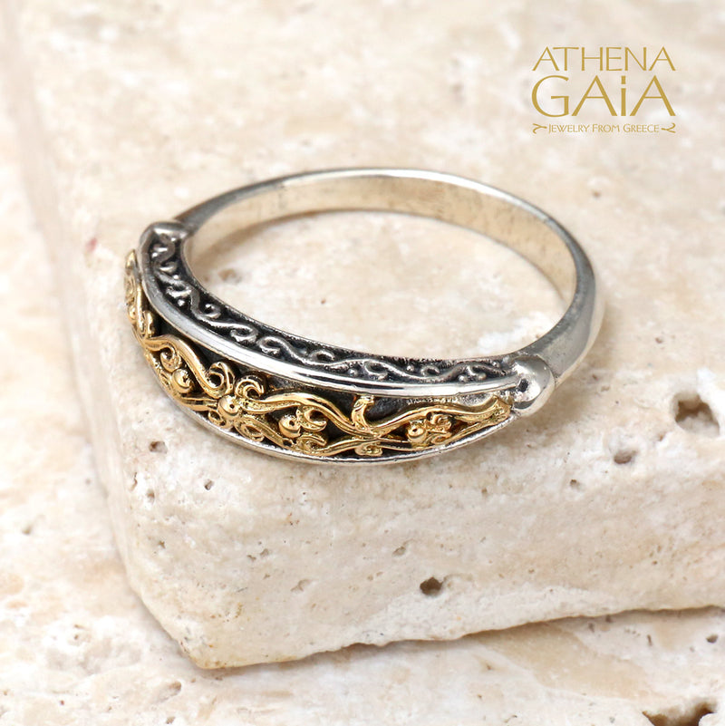 Aretousa Thin Gold Vine Ring - 18k Gold & Sterling Silver Ring - Stackable Ring