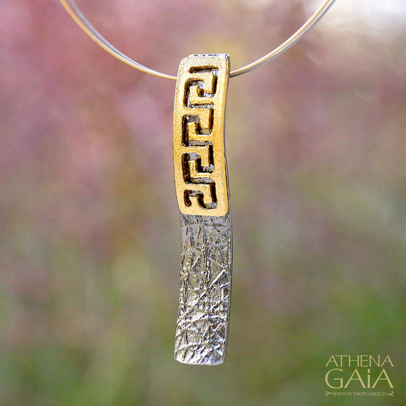 Greek Key Curve Pendant Necklace - Gold Plated Sterling Silver Necklace