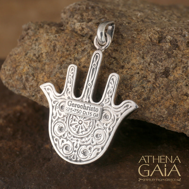 Hand of Fatima Stone Pendant (Large) - 18k Gold & Sterling Silver Pendant