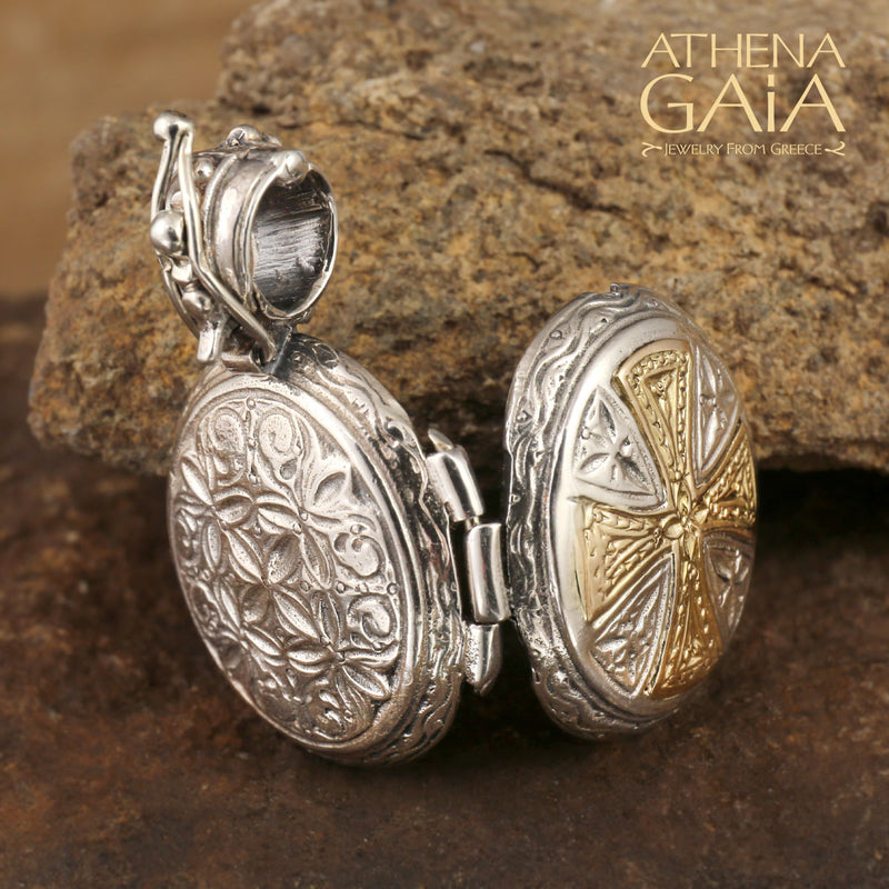 Mini Maltese Cross Locket Pendant - 18k Gold & Sterling Silver Pendant