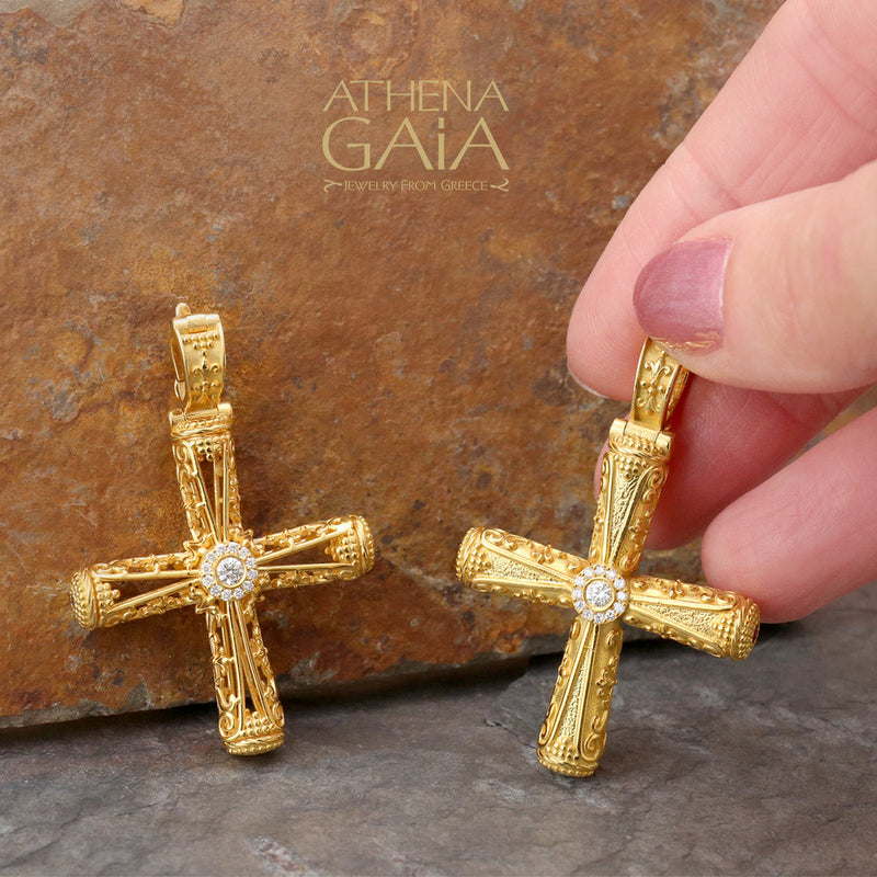 Diamond Halo Filigree Orthodox Cross (Large) - 18k Gold - Byzantine Cross