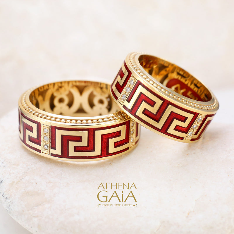 Eternal Greek Key Enamel Ring - 18k Gold Ring - Cigar Band Ring