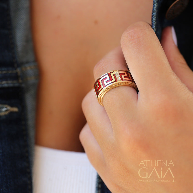 Eternal Greek Key Enamel Ring - 18k Gold Ring - Cigar Band Ring