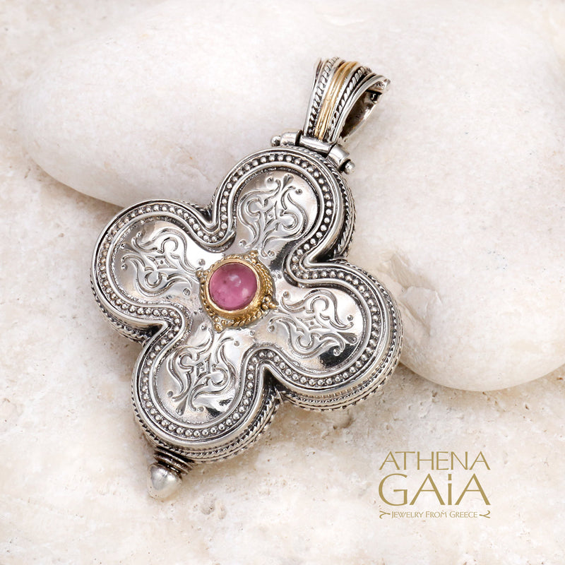 Clover Stone Locket Pendant - 18k Gold & Sterling Silver Pendant