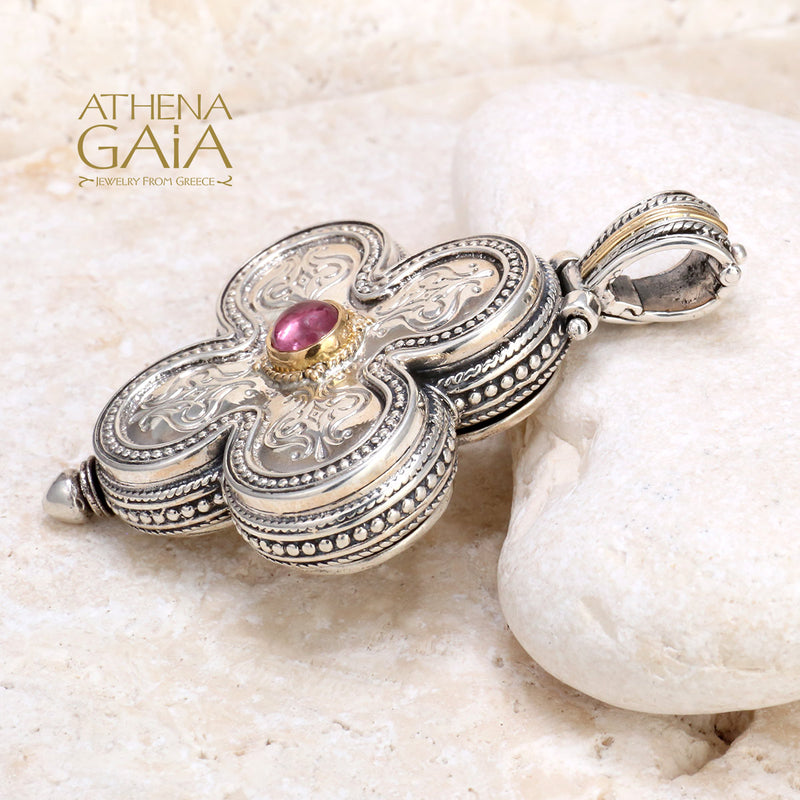 Clover Stone Locket Pendant - 18k Gold & Sterling Silver Pendant