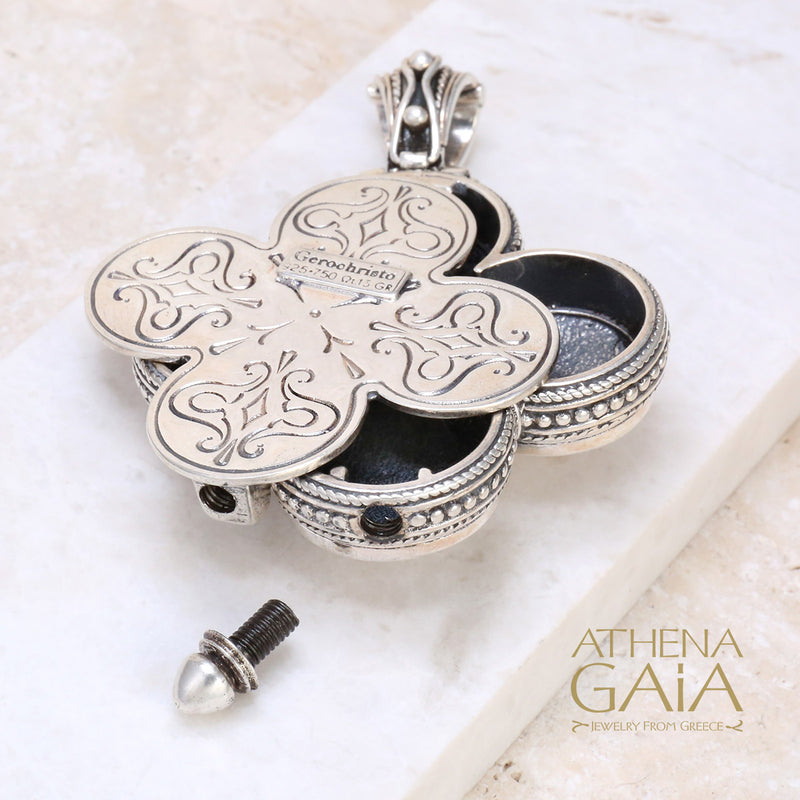 Clover Stone Locket Pendant - 18k Gold & Sterling Silver Pendant