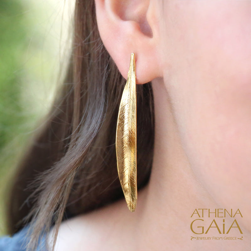 Long Leaf Earrings - Gold Plated Sterling Silver Earrings