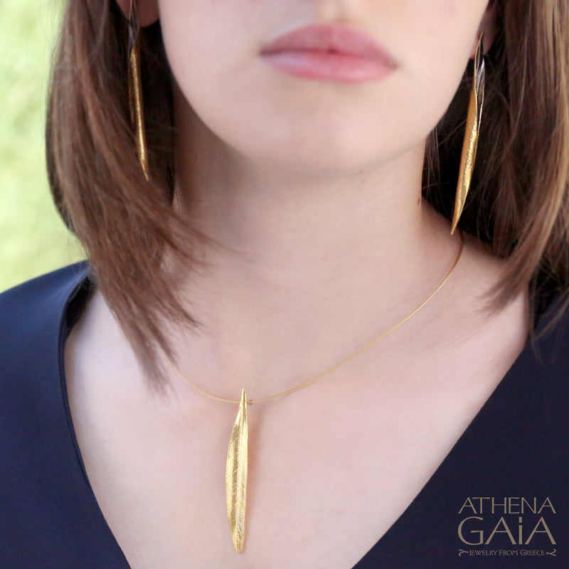 Long Leaf Curled Earrings - Gold Plated  Sterling Silver Earrings