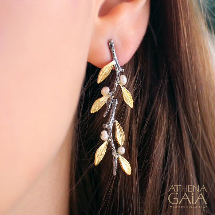 Pearl Olive Long Twig Earrings