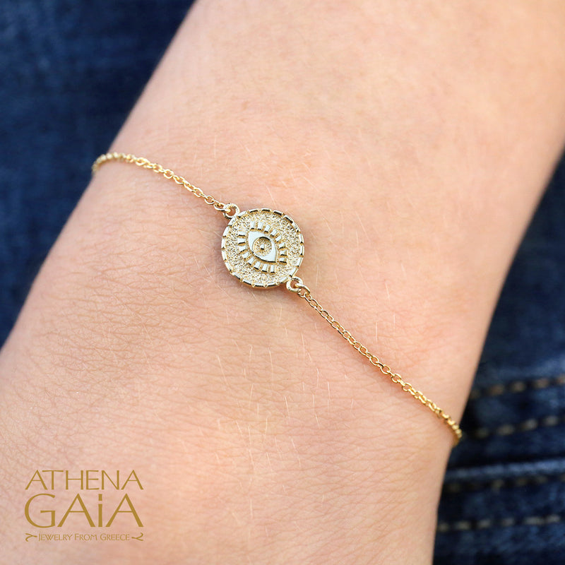 Mati on a Martile Disc Pendant Bracelet - 14k Gold - Evil Eye Bracelet