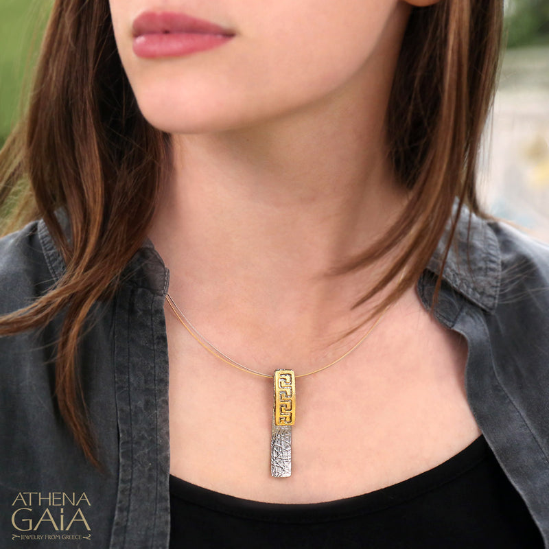 Greek Key Curve Pendant Necklace - Gold Plated Sterling Silver Necklace