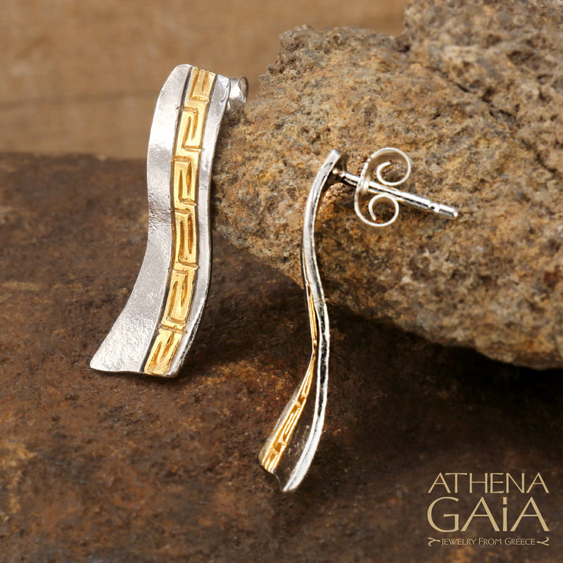 Stilvi Greek Key Wave Earrings - Gold Plated Sterling Silver Earrings