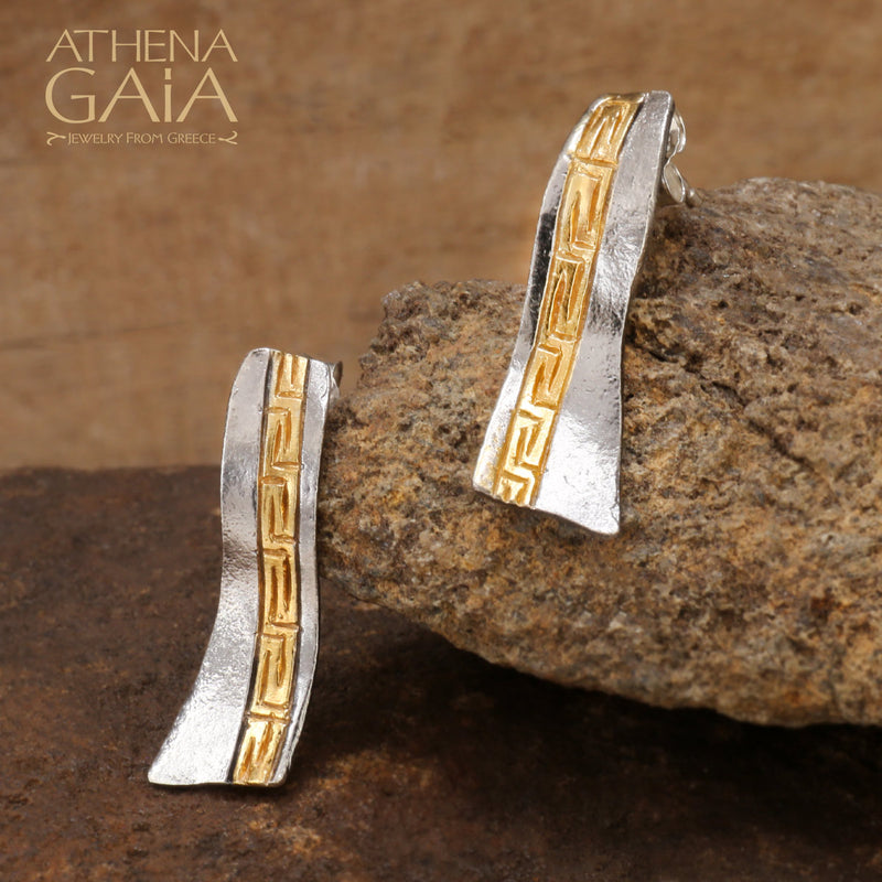 Stilvi Greek Key Wave Earrings - Gold Plated Sterling Silver Earrings