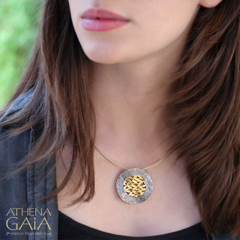 Olive Grove Disc Pendant Necklace - Gold Plated Sterling Silver Necklace