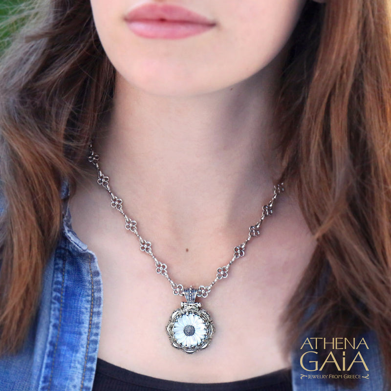 Mother of Pearl Flower Pendant - Sterling Silver Pendant