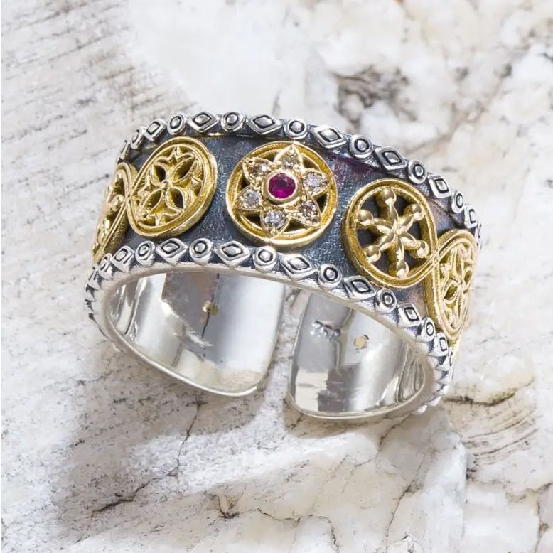 Ruby Diamond Star Multi Faith Open Ring - 18k Gold & Sterling Silver Ring - Cigar Band Ring