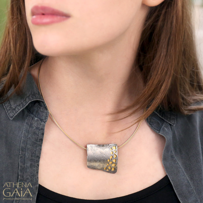 River Stones Square Necklace - Gold Plated Sterling Silver Necklace