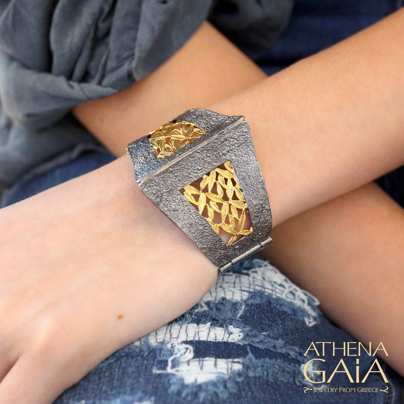 Olive Grove Edge Hinged Bracelet - Gold Plated Sterling Silver - Cuff Bracelet