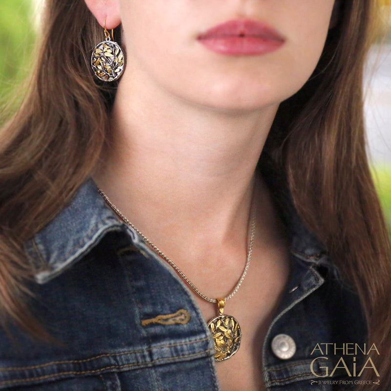 Circle Olive Tree Earrings - Gold Plated Sterling Silver Earrings