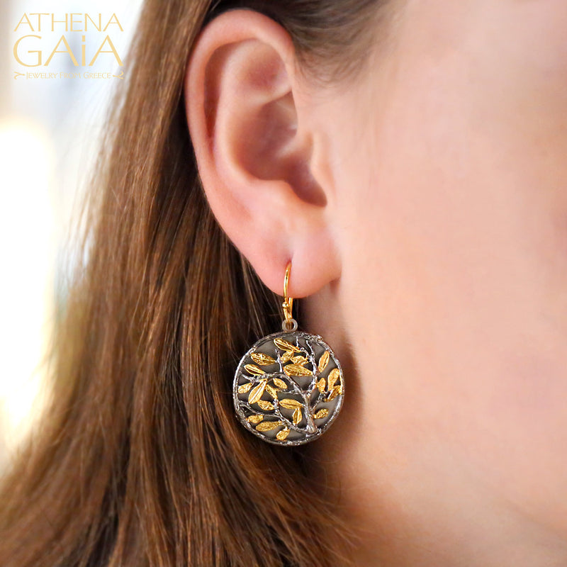 Circle Olive Tree Earrings - Gold Plated Sterling Silver Earrings