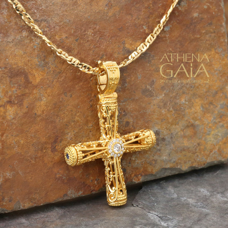 Diamond Halo Filigree Orthodox Cross (Large) - 18k Gold - Byzantine Cross