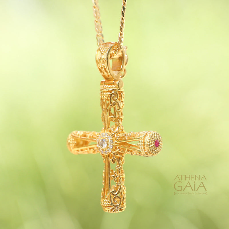 Diamond Halo Filigree Orthodox Cross (Large) - 18k Gold - Byzantine Cross