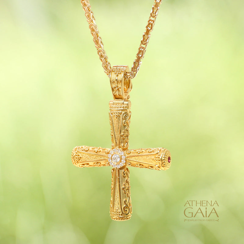 Diamond Halo Orthodox Cross (Large) - 18k Gold - Byzantine Cross