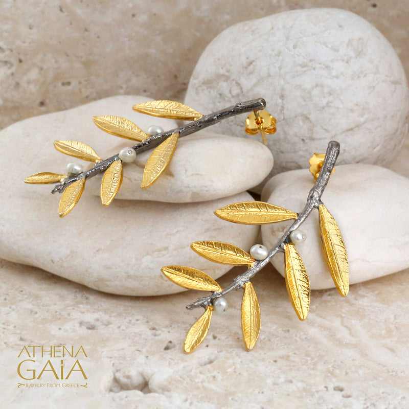 Pearl Olive Wide Twig Earrings - Gold Plated Sterling Silver Earrings